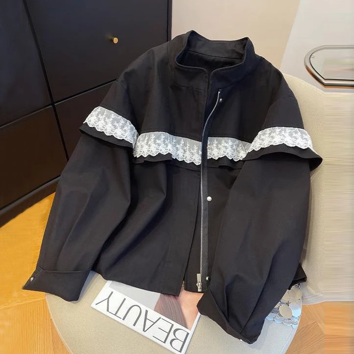 立领蕾丝拼接外套女欧洲站2025春季新款韩版休闲洋气显瘦夹克上衣
