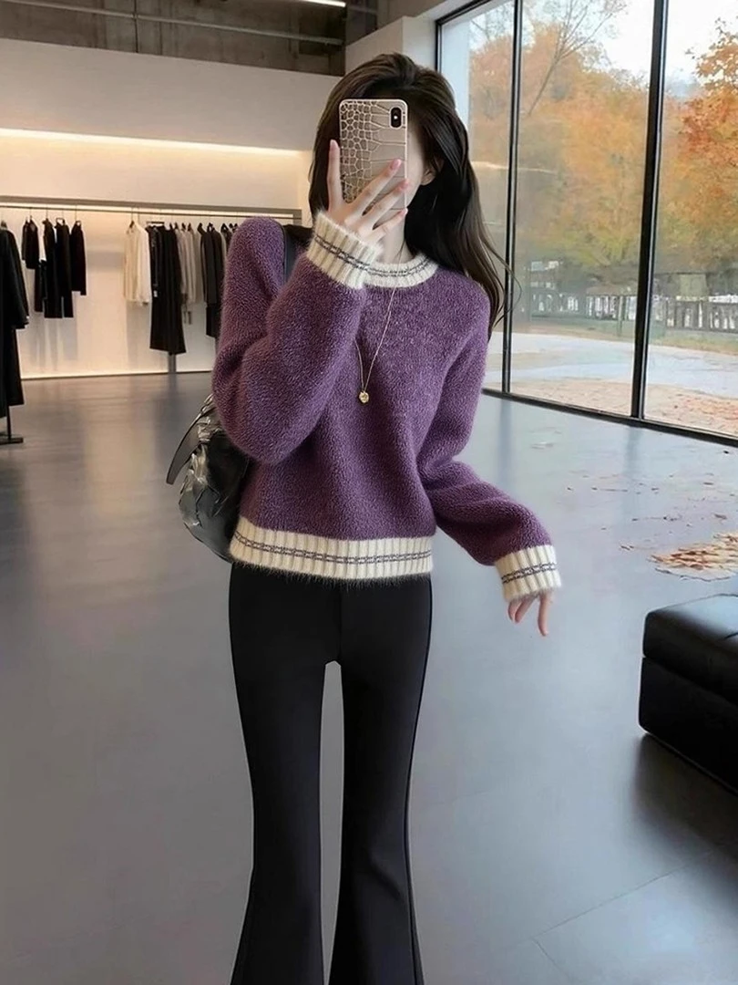 冬季韩里韩气上衣别致独特超好看洋气减龄漂亮高级感紫色针织毛衣