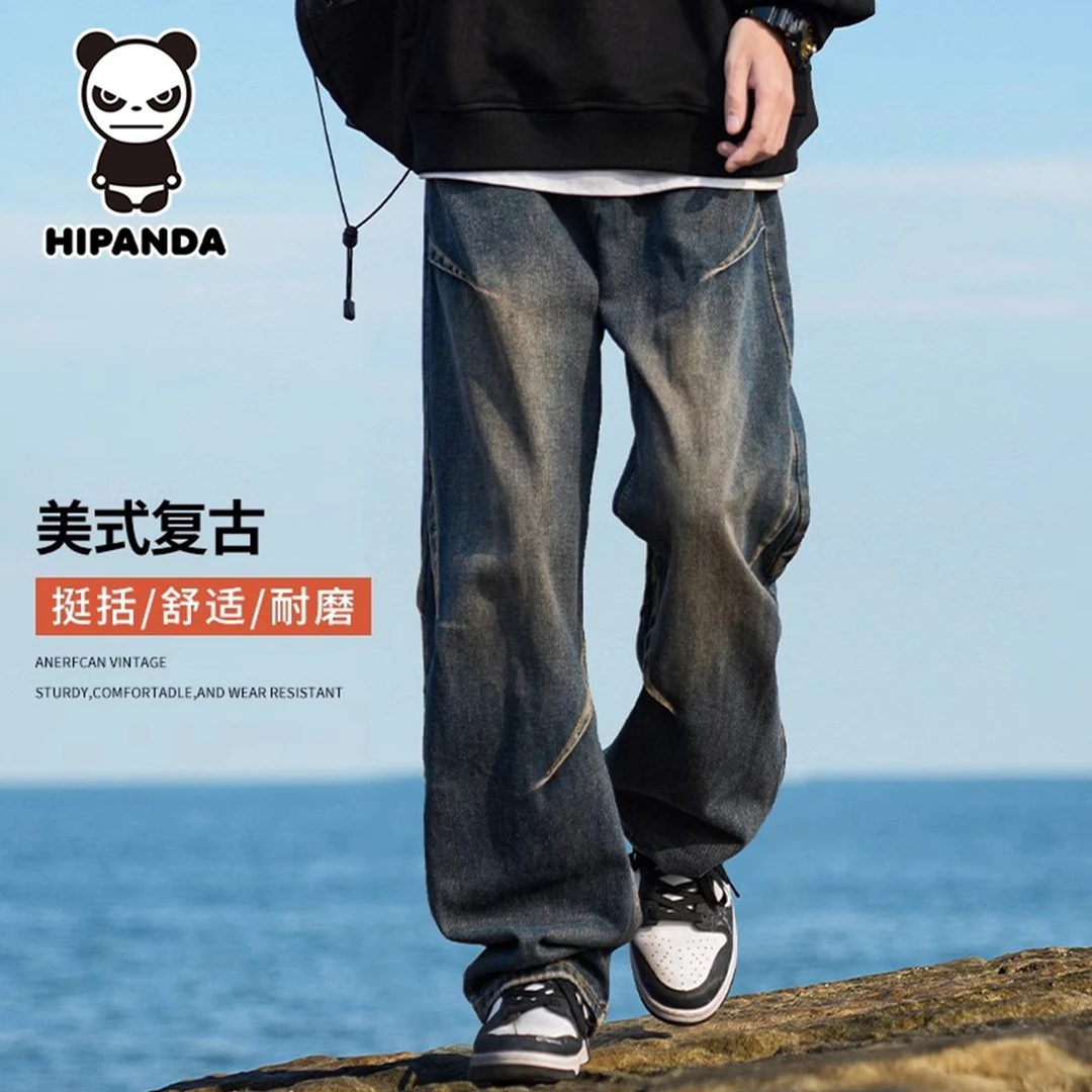 HIPANDA美式复古牛仔裤男款2025夏季宽松直筒阔腿潮流褶皱长裤子