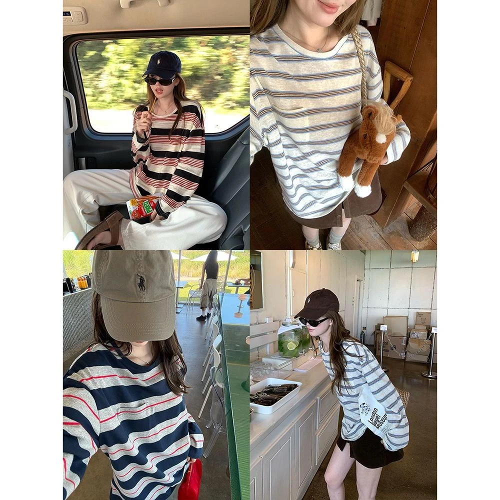 原版色织条miu系美学’薄款慵懒条纹圆领长袖t恤女秋宽松上衣百搭