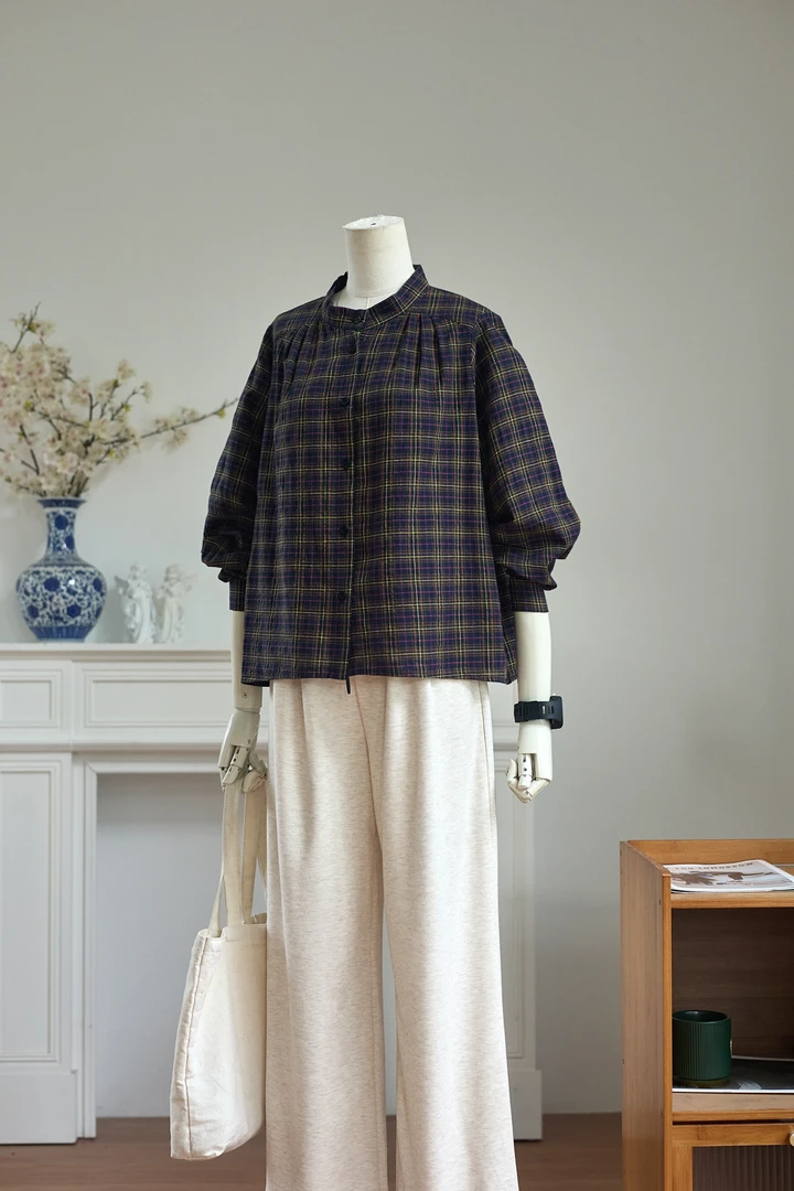 琴川谷韩系格子复古文艺衬衫女春秋宽松百搭减龄小衫纯棉显瘦上衣