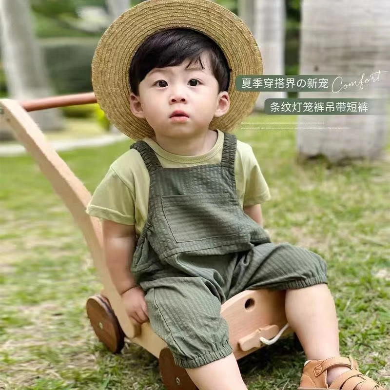 宝宝开裆棉纱绿背带儿童韩版宽松背带裤男女童棉纱背带九分裤夏季