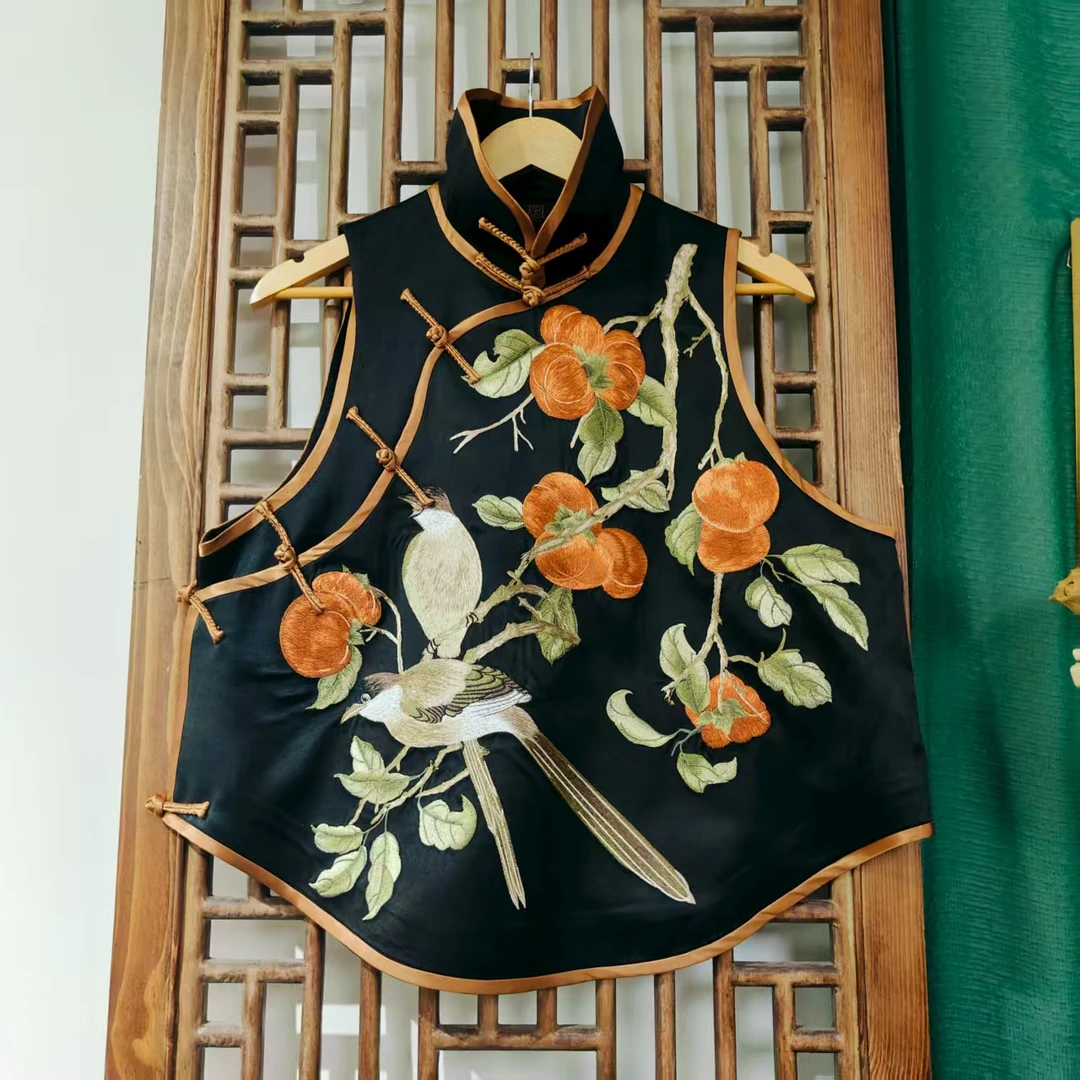 （LS629-17）凤徕兮私人定制黑色光板底柿柿如意花盆领盘扣马甲
