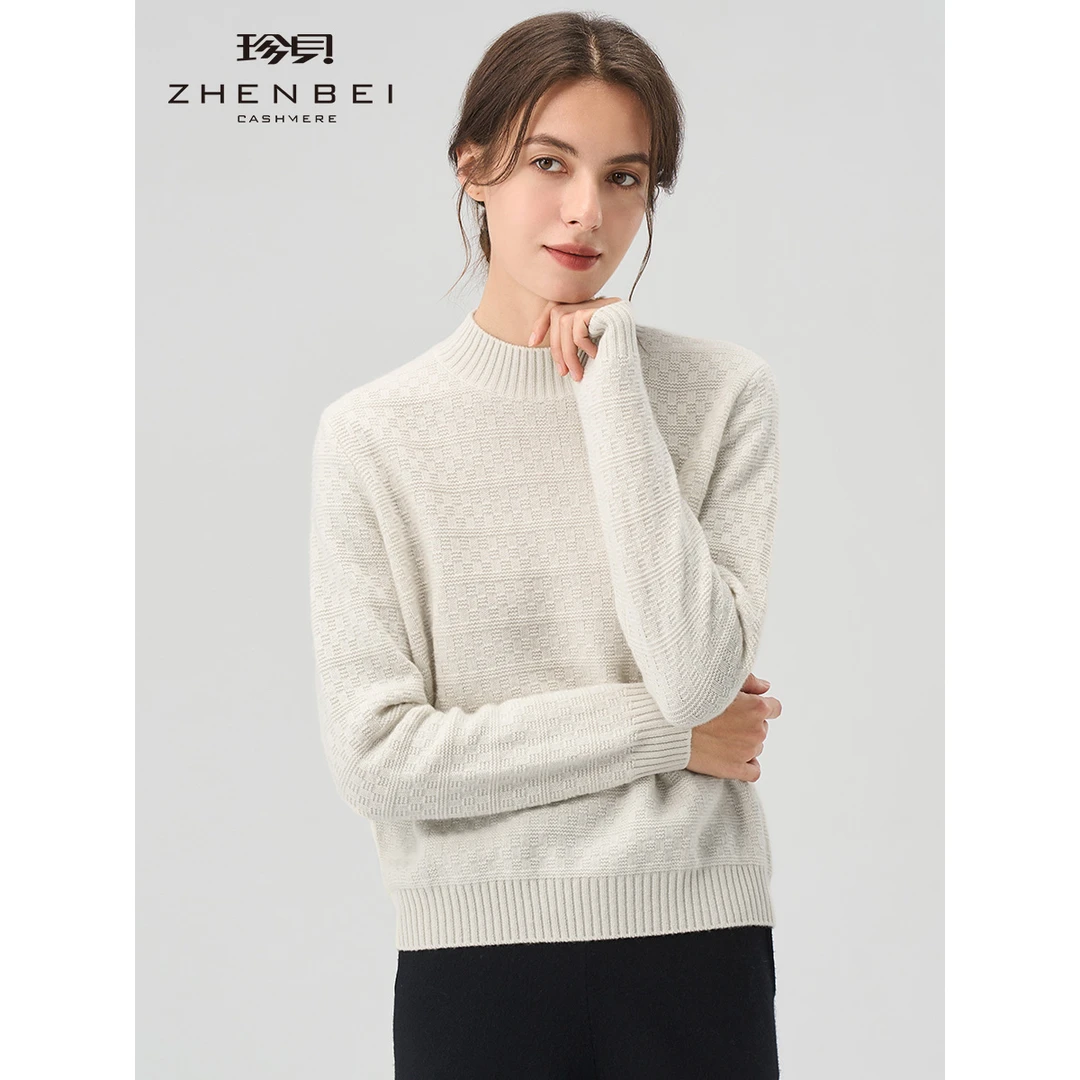 ZB/珍贝2023冬新款纯羊绒女衫半高领提花保暖针织套头衫纯色31096