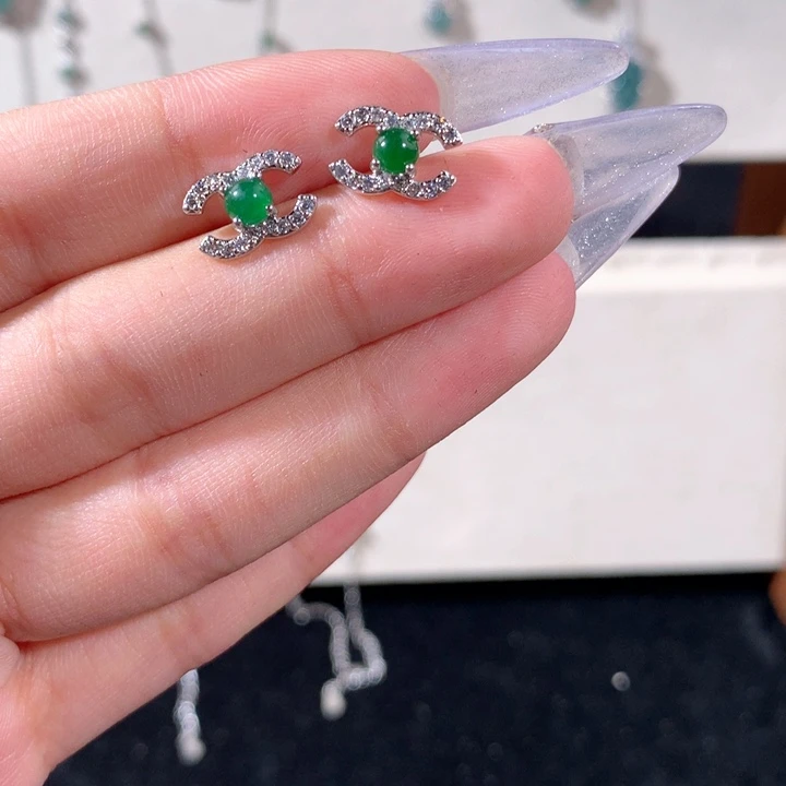 翡翠银S925镶嵌耳饰553绿
