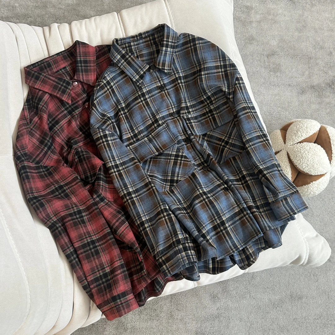 【米可家】秋季TR磨毛加厚双口袋大版格子衬衫25228