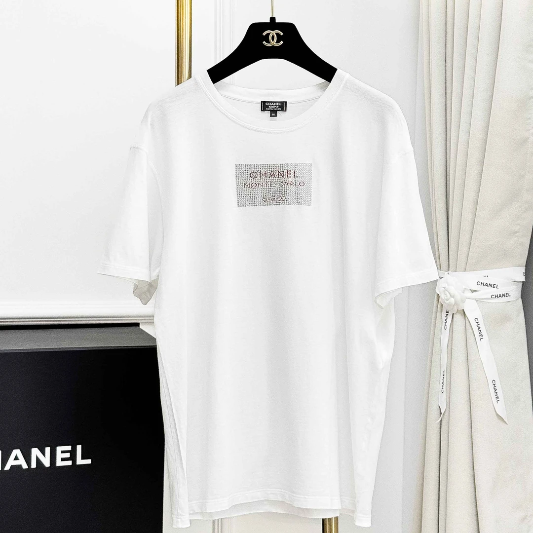 99新 Chanel/香奈儿 M码白色烫钻字母logo圆领短袖T恤