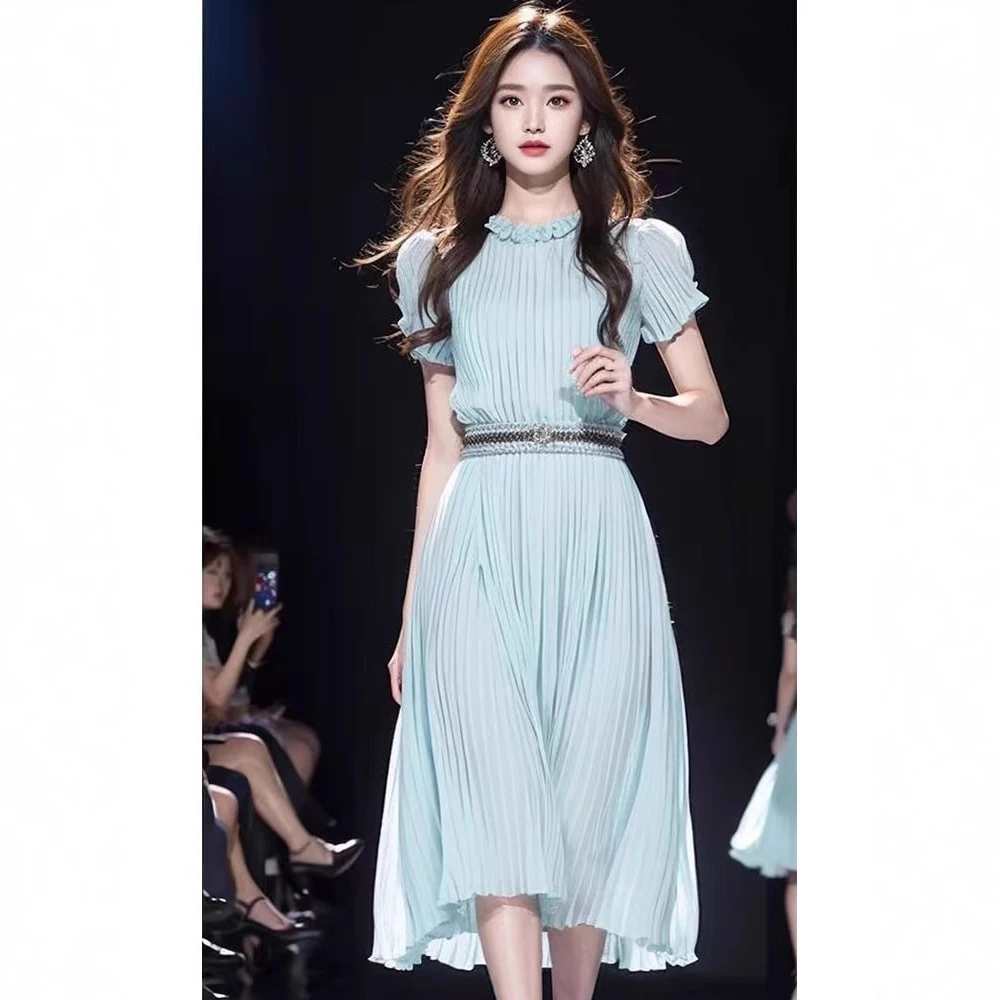 法式气质绝美仙女长裙高端精致高级感超好看收腰蓝色连衣裙子夏季