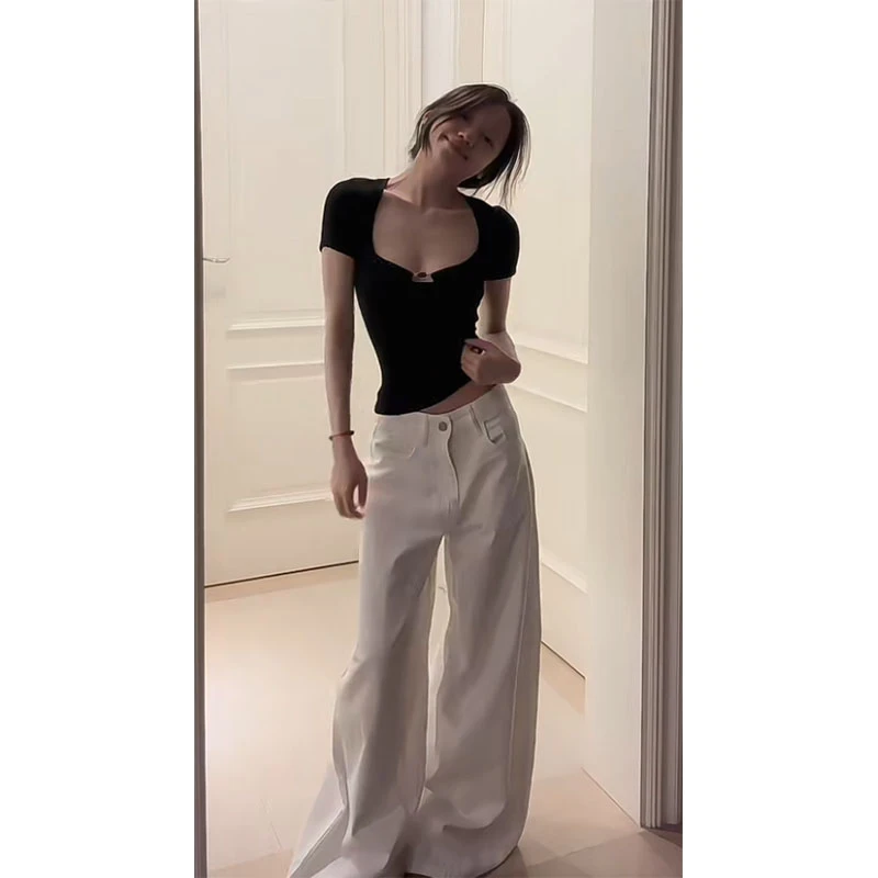 2025秋季新款修身显瘦简约百搭时尚正肩T恤上衣休闲宽松直筒长裤