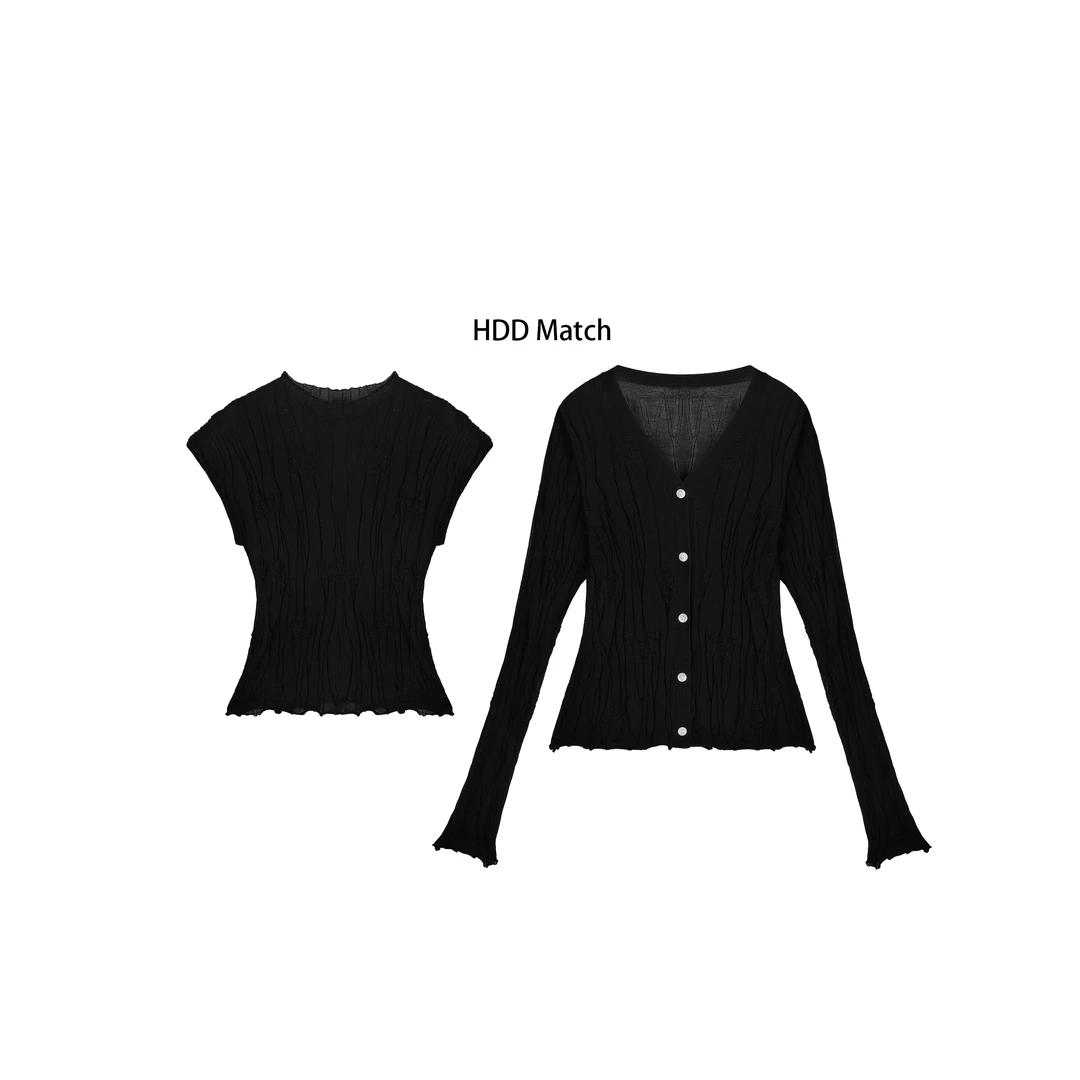 HDD Clothing"暗夜玫瑰"春夏花朵气质开衫+凯袖上衣女套装 Y7382
