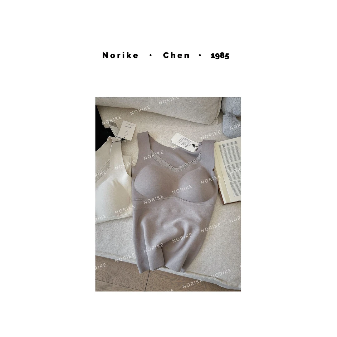 AM蕾丝双面磨毛保暖背心羊毛混纺固定杯打底内衣NK59834
