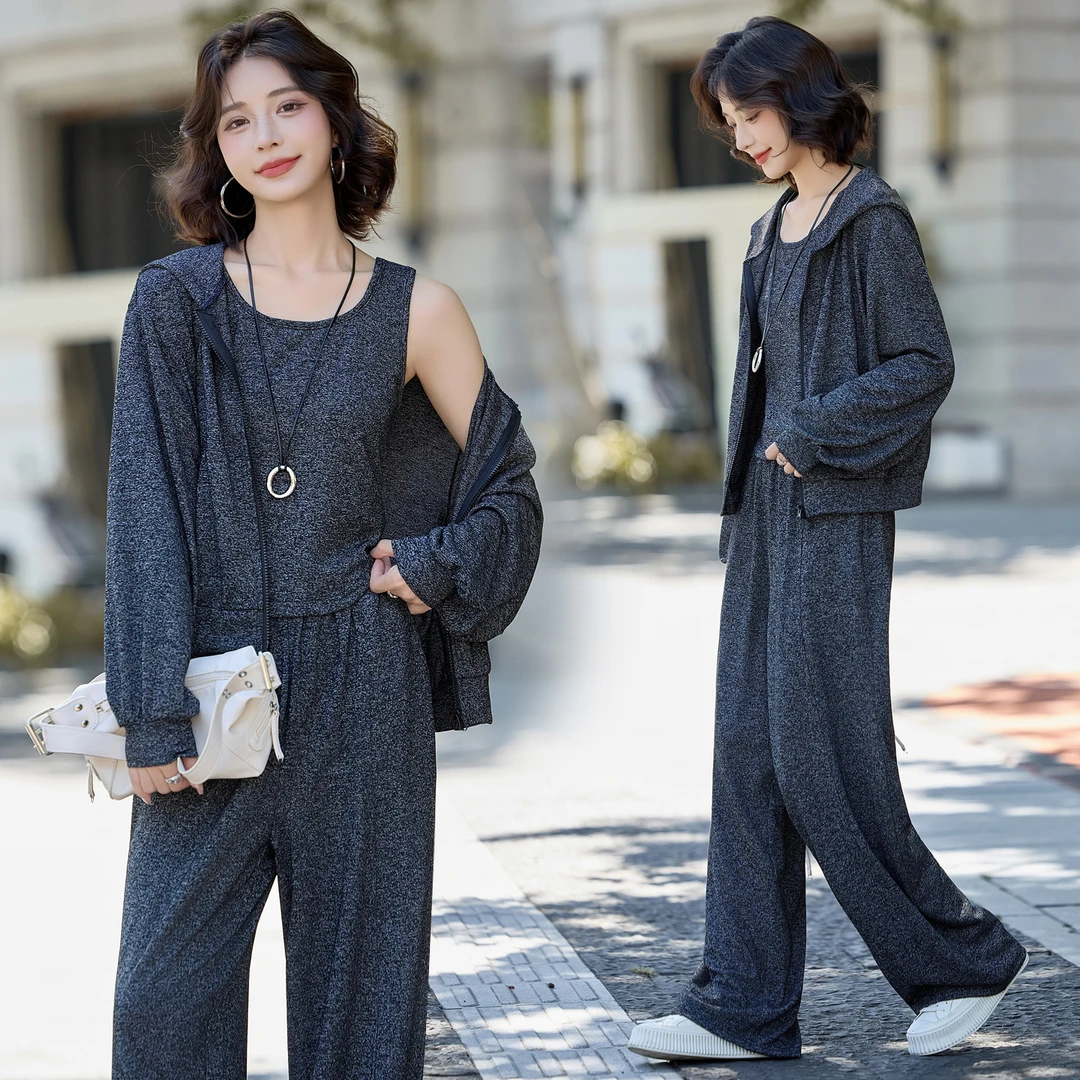 休闲松弛感三件套女2025秋季新款超火穿搭一整套老钱风阔腿裤套装