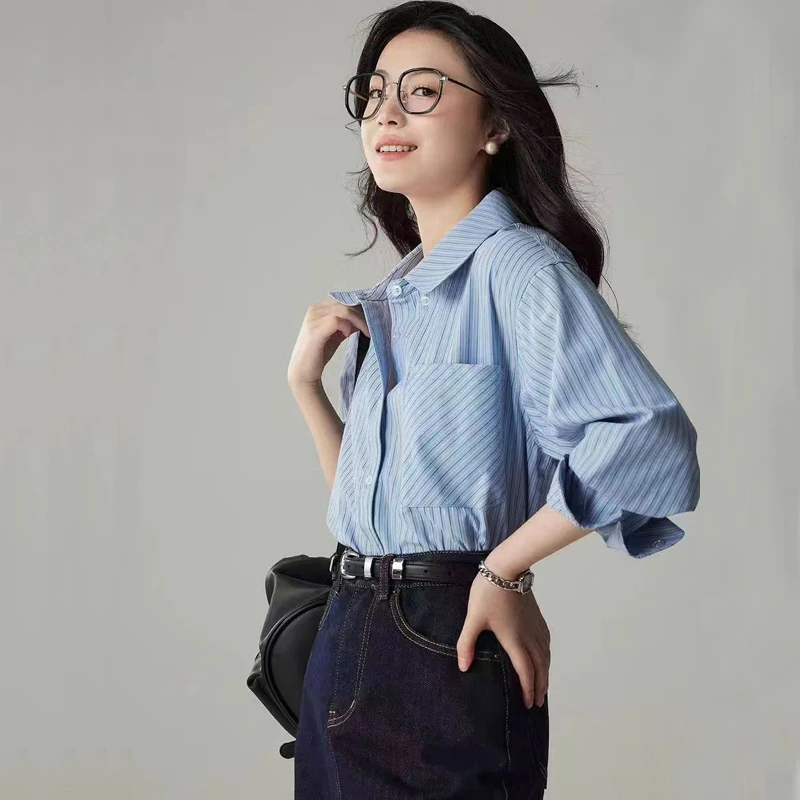 [TONFUNLY]25年新款小众OL款蓝色条纹衬衫职业通勤叠穿衬衫