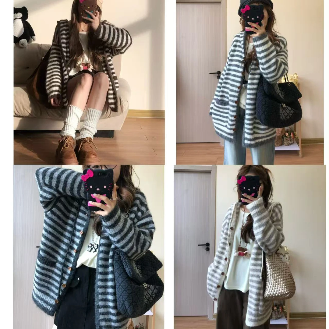 【秋日暖阳】软糯四色条纹毛衣开衫（介意线头勿拍）