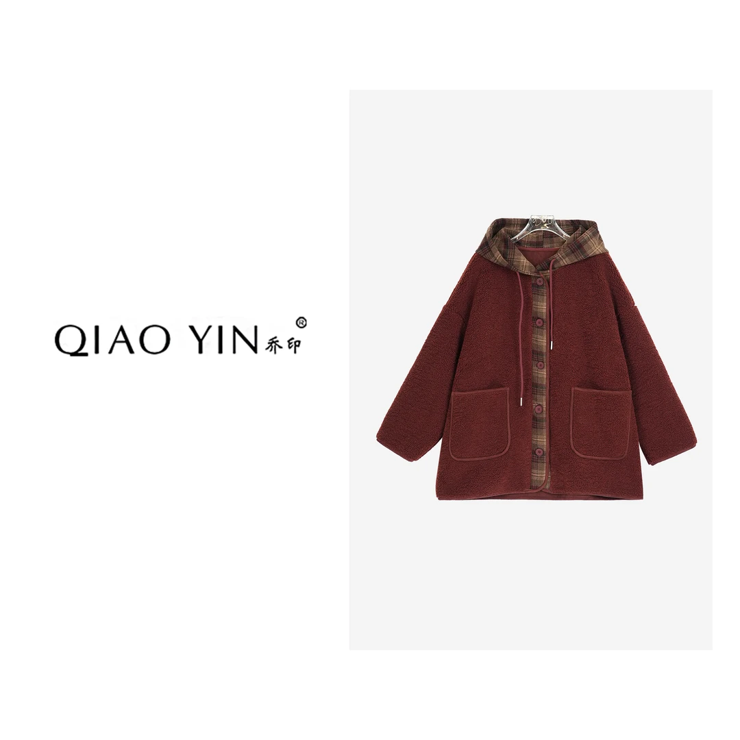 2024秋冬新款时尚休闲女士复古连帽宽松印花冬季女装外套QY25589