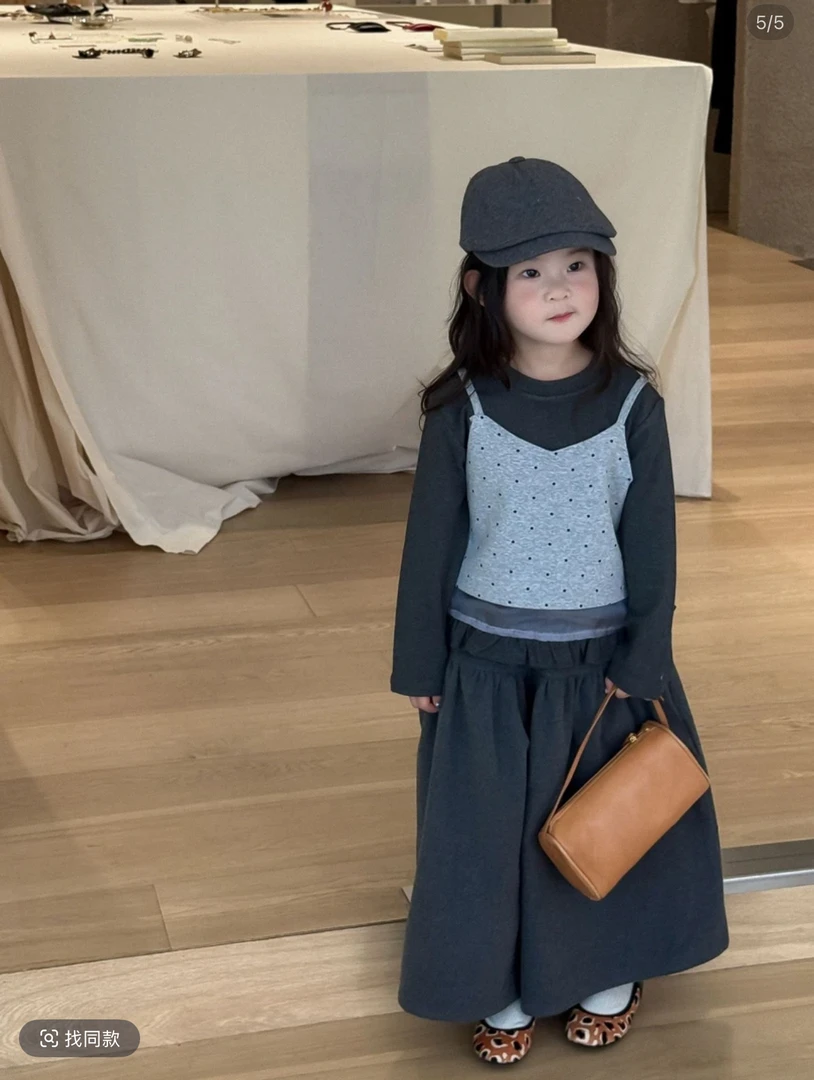 2025秋季新款童装韩版女童时尚波点吊带+打底衫休闲风阔腿裤森系