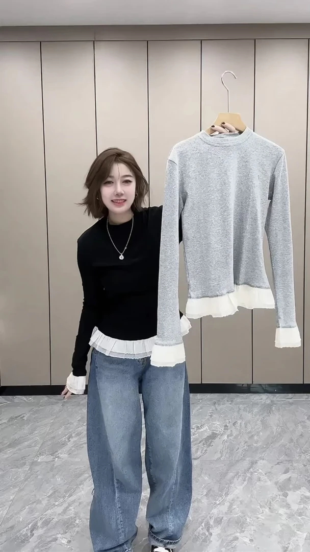 保暖下摆木耳边拼接长袖T恤女韩版减龄甜美芭蕾风花边打底衫