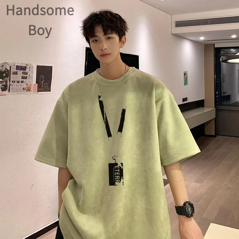 百搭夏季半袖宽松潮流港风ins男士男装休闲学生印花韩版五分袖牛