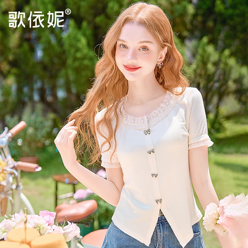 歌依妮2025夏季新款女甜美正肩修身设计感短款短袖T恤衫体恤上衣
