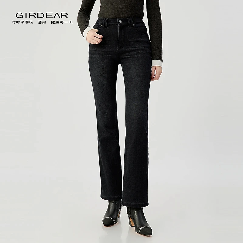 GIRDEAR/哥弟新款高腰百搭显瘦高弹时尚水洗微喇牛仔长裤女110017
