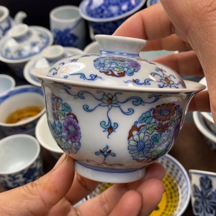 【闪购商品】秋**月景德镇青花斗彩盖碗