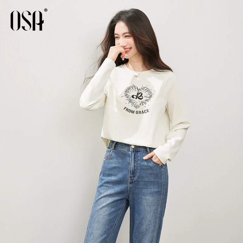 OSA/欧莎 圆领印花T恤女新款慵懒百搭宽松长袖上衣S125C11009