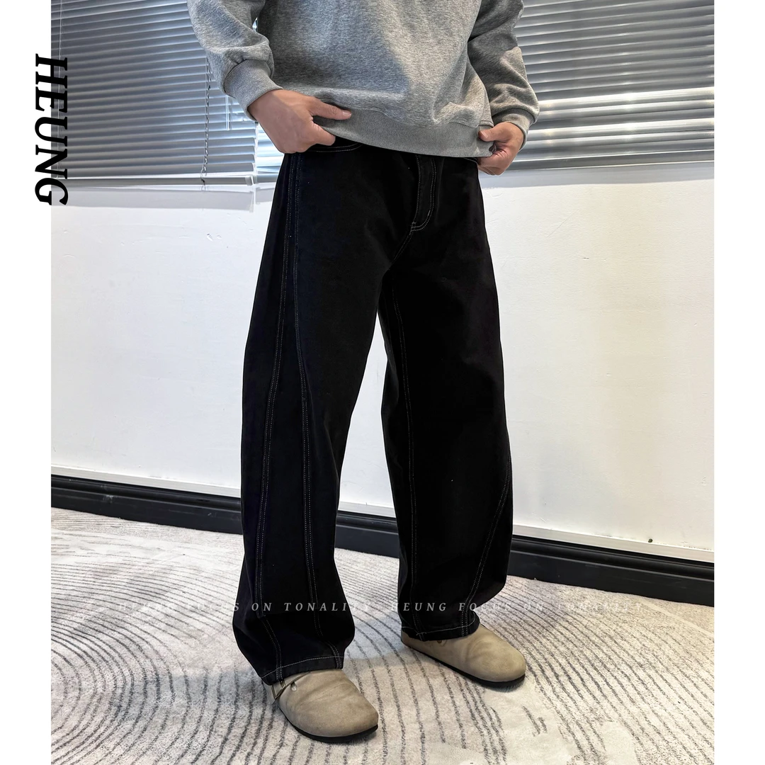 HEUNG  美式复古线条弯刀裤牛仔裤男宽松潮流小众设计感阔腿长裤