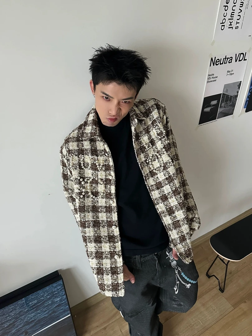 GOOD耐脏长袖时尚厚款衬衫格子休闲秋冬冬季百搭加厚格纹珍珠