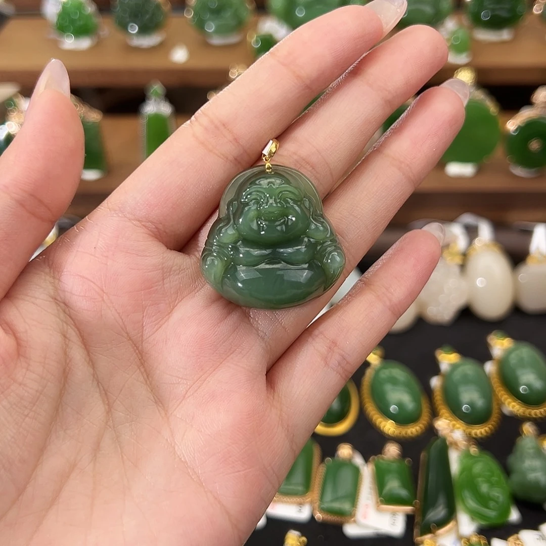 和田玉18K金镶嵌吊坠(不含链)瓷蓝猫眼佛公30mm