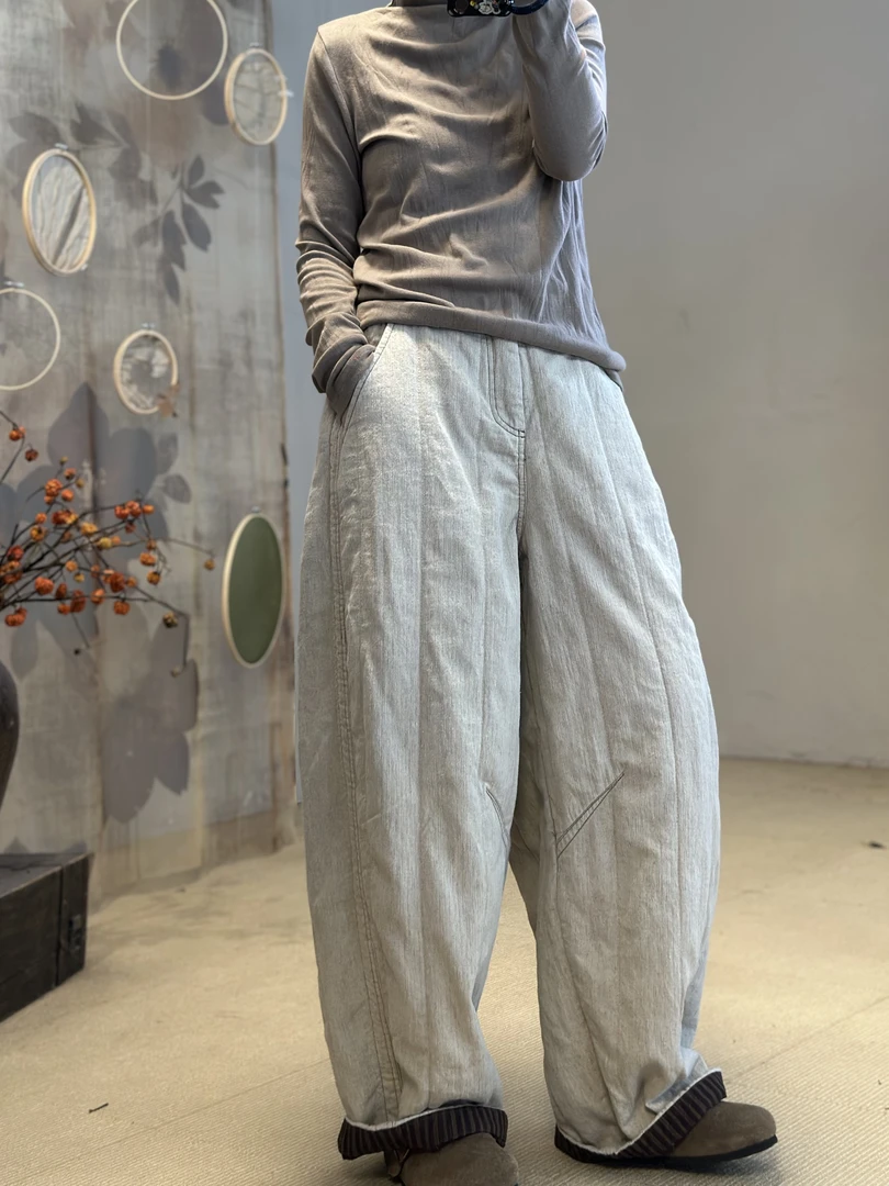 衣牧了然251203色织亚麻人字纹休闲纯色时尚百搭保暖直筒棉裤