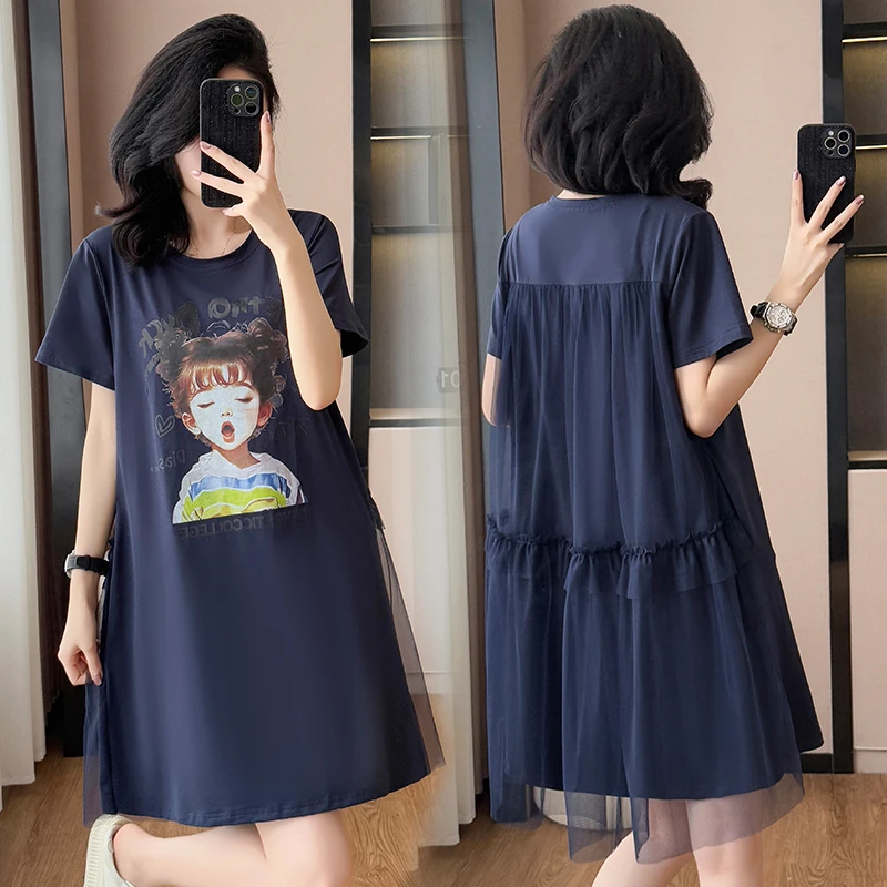 2025夏季新款短袖印花连衣裙女时尚设计感宽松大码显瘦减龄恤裙
