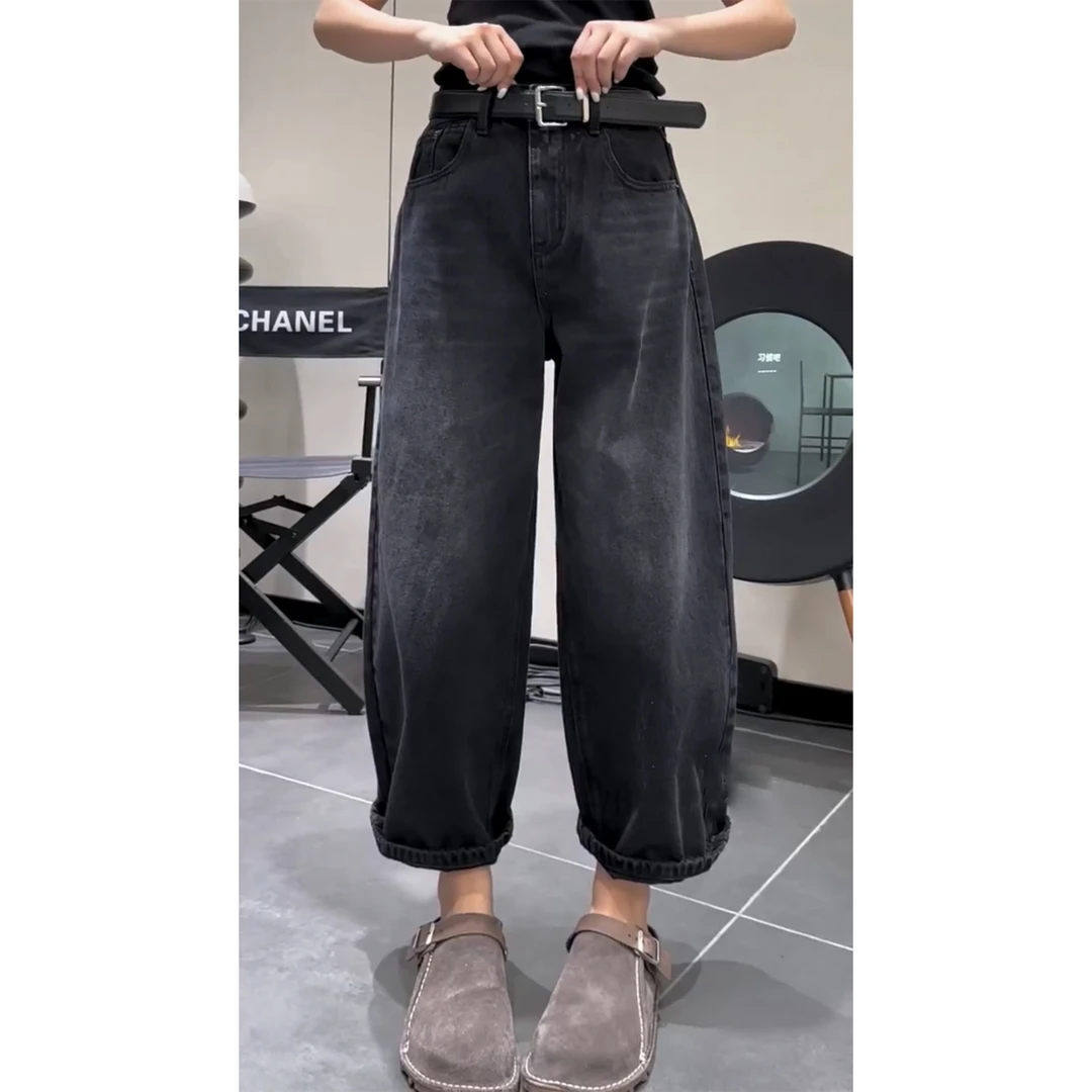 艾塔莉黑色百搭阔腿裤显瘦秋季新款女牛仔裤子时尚设计萝卜裤胖mm