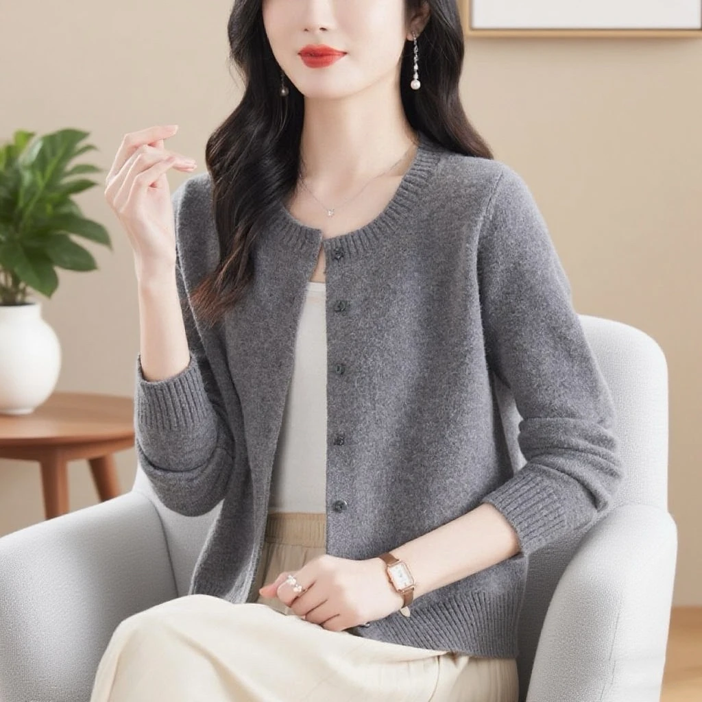 早秋羊绒开衫女毛衣外套羊毛新款圆领短款小个子针织专柜正品