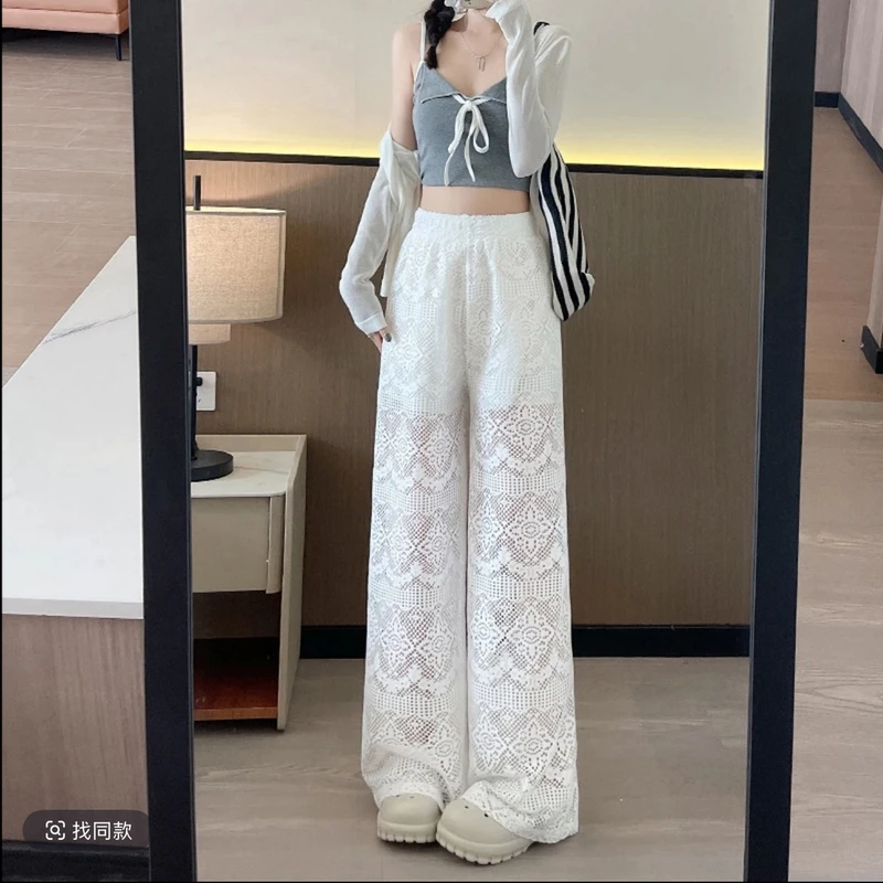 高个子175加长白色花边腰蕾丝阔腿女2025夏季新款高腰拖地休闲裤