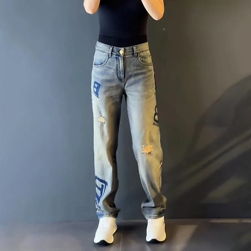 轻奢男装大码潮牌男士休闲长裤设计感字母宽松时尚新款牛仔裤直筒