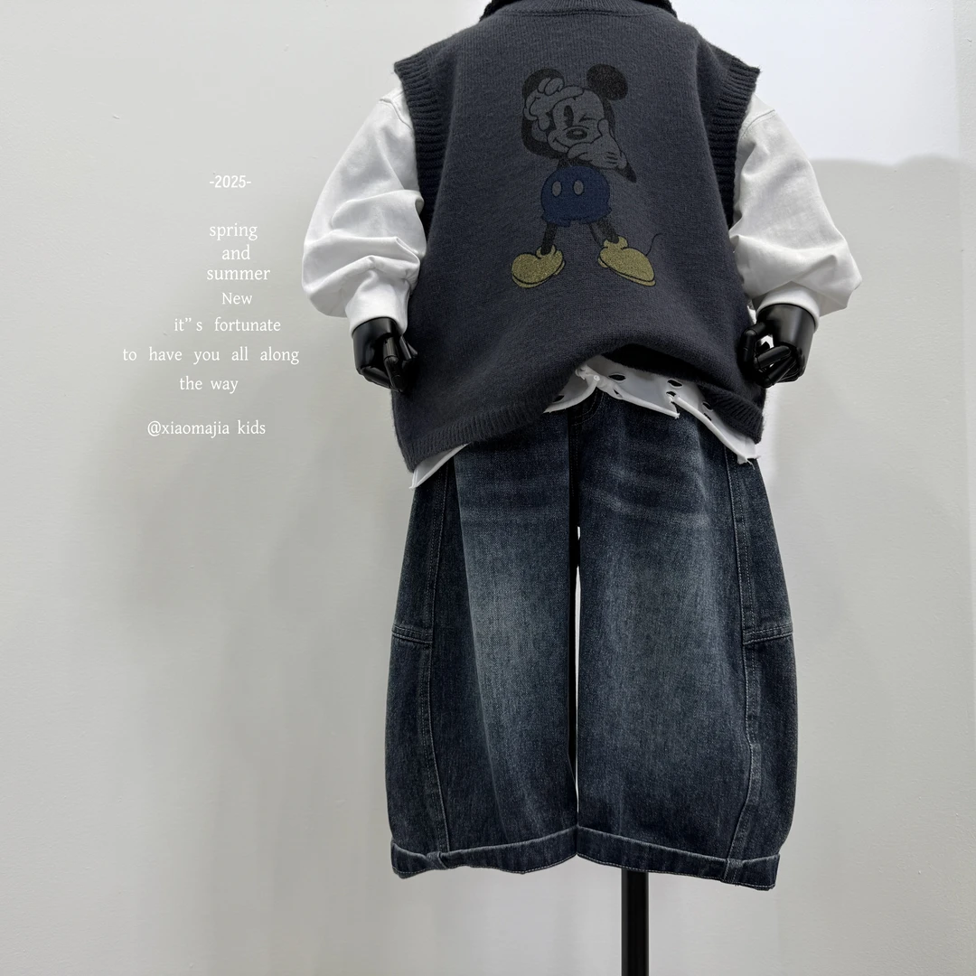 小马家2025秋款儿童纯色牛仔裤K-6327穿搭老爹裤百搭男女童