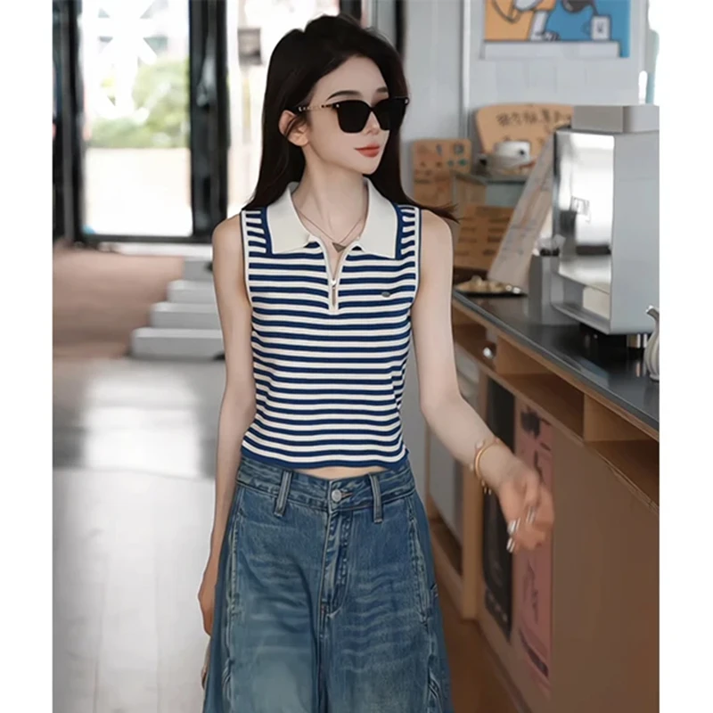 设计感条纹撞色POLO领无袖T恤女夏季2025新款小个子修身显瘦上衣