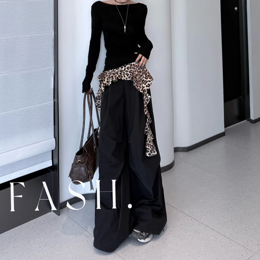ZC-【夏季新款】假两件豹纹拼接宽松速干阔腿裤