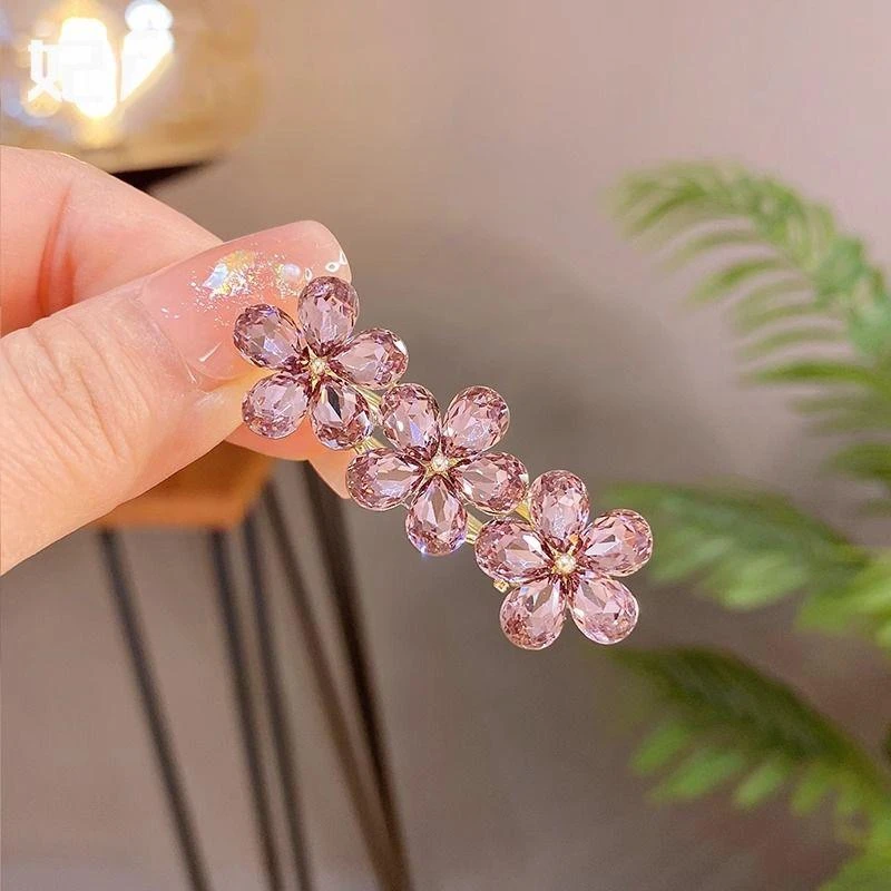 网红水晶花朵发夹新款气质侧边夹子高级感鸭嘴夹刘海夹碎发夹头饰