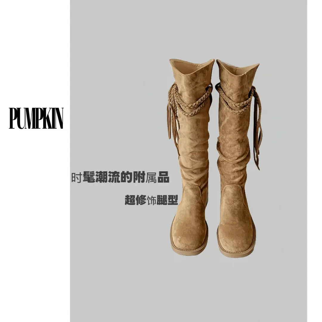 PUMPKIN·大码女孩早秋复古废土风流苏骑士靴绒面不过膝长筒靴