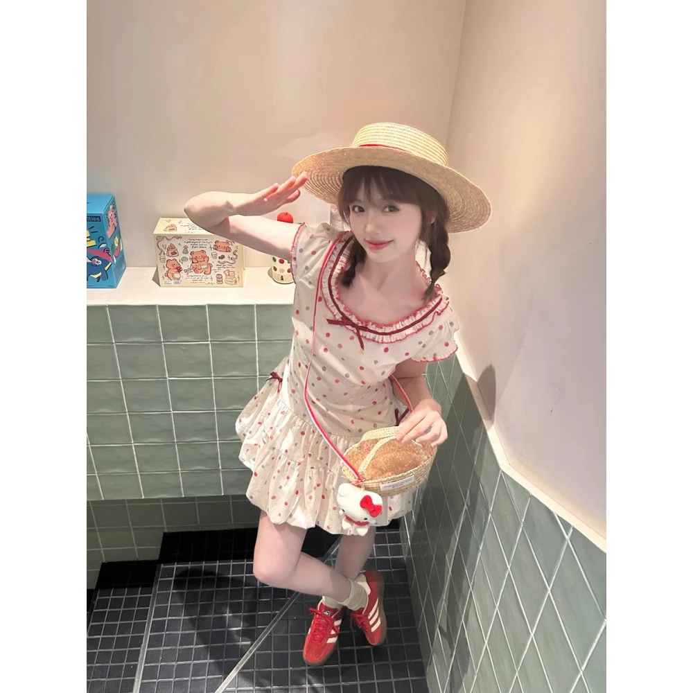 Pinkstar Shop夏季新款梦核甜心少女彩色小波点低腰小妈包臀裙