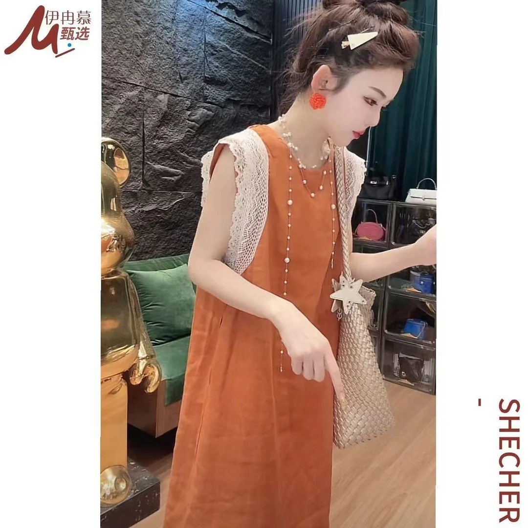 【伊冉慕甄选】6085拼接纯色慵懒风老钱风中长款圆领无袖连衣裙现