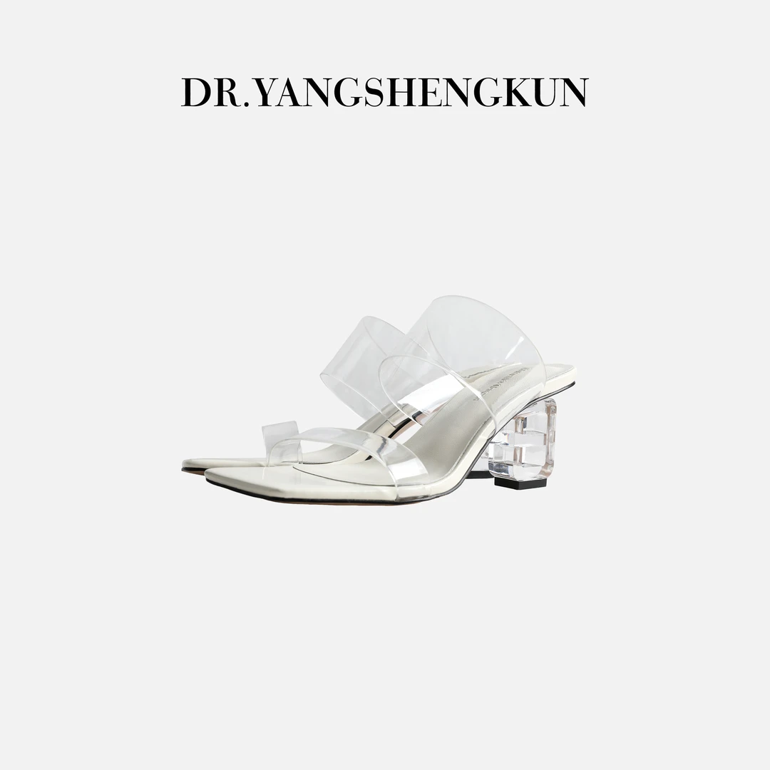 杨圣坤2025夏季方头时尚凉拖透明粗跟百搭一字高跟鞋X2503-2594