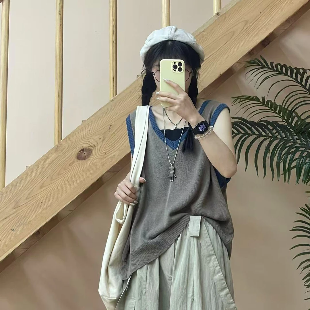 早秋新款复古学院风针织V领撞色百搭马甲无袖背心1203