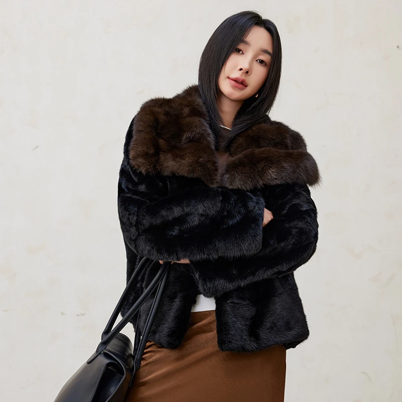 皮草2025年新款短款女年轻款时尚披肩领水貂毛裘皮貂皮大衣外套冬