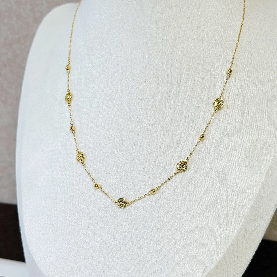 坠链均925银 精致镂空车花百搭五朵金色山茶花项链 X013