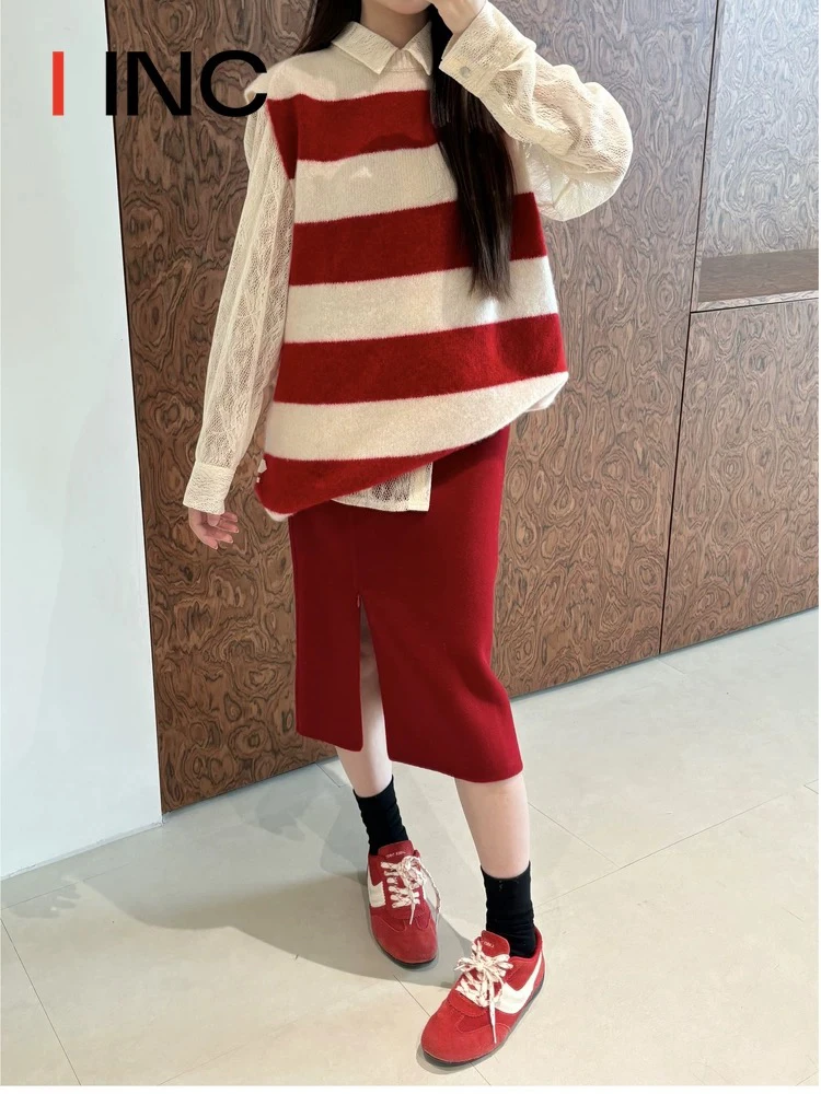 【特清】不退不换新款全羊毛毛呢红半裙双面尼开叉裙中裙