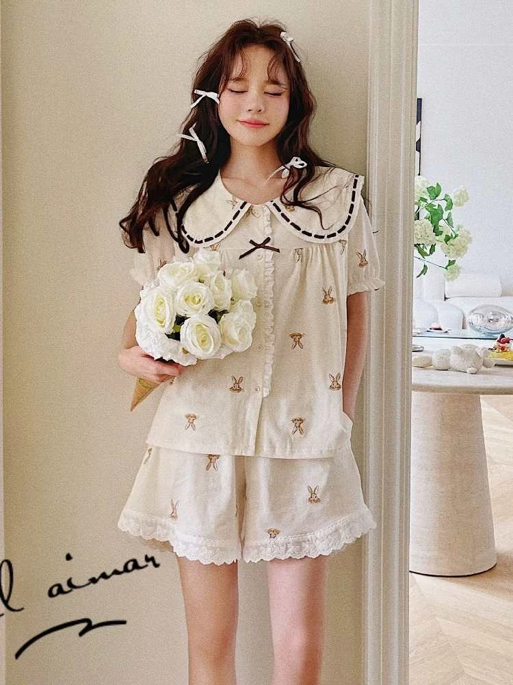 夏季蕾丝兔子刺绣甜美家居服套可爱少女两件套睡衣女棉夏季薄款