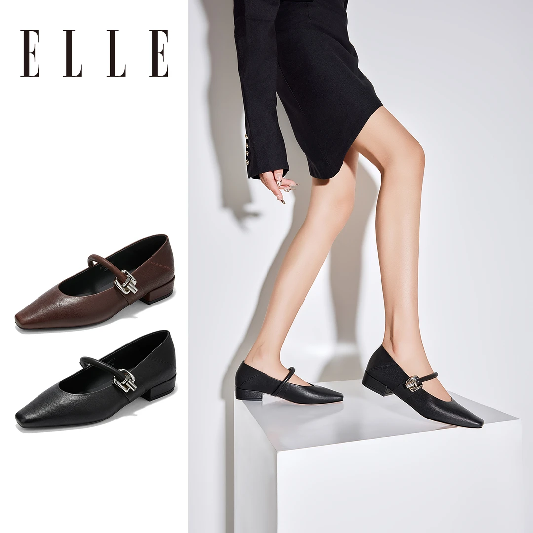 ELLE超软小羊皮玛丽珍女鞋2025新款配裙子平底单鞋法式方头小皮鞋