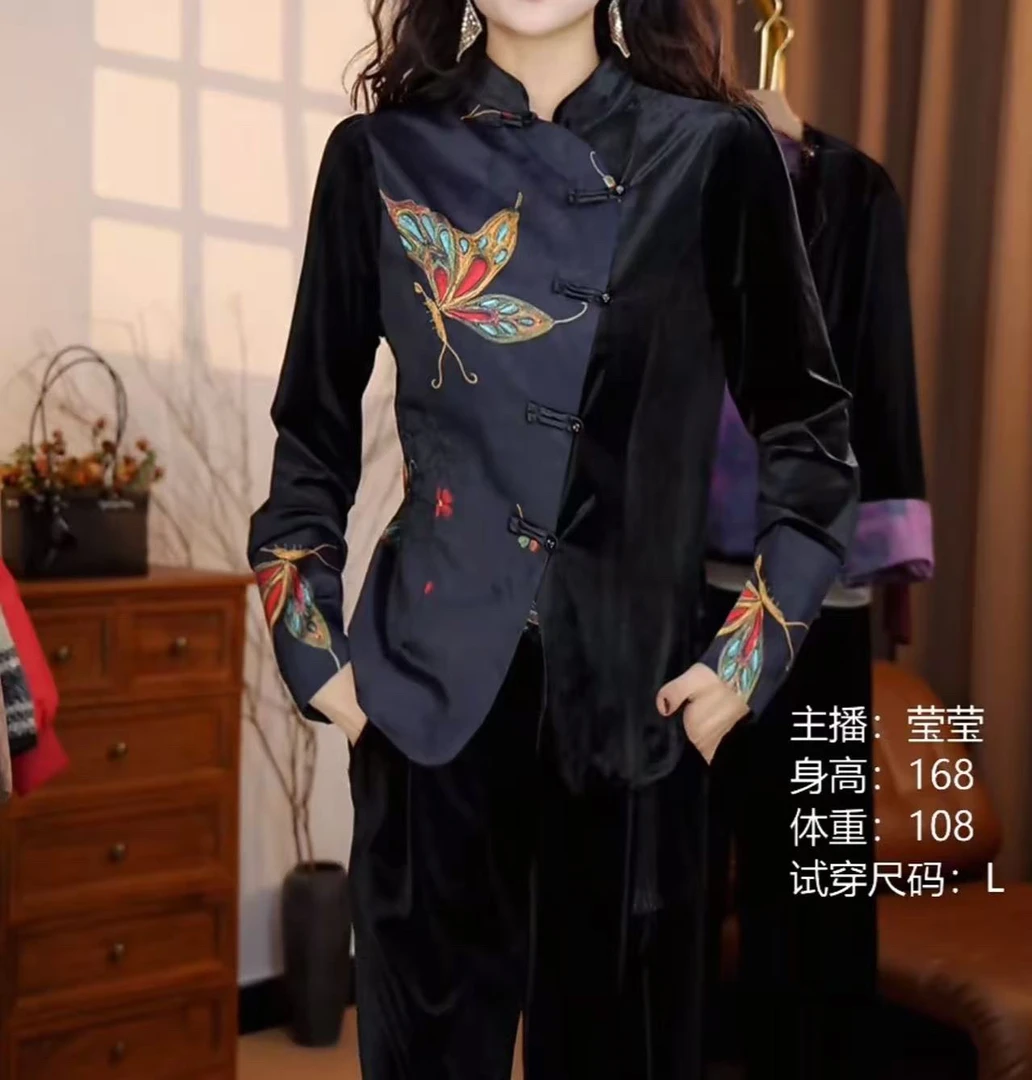 2025新款女装轻奢丝绒拼接醋酸非定位印花锦缎重工提花国风上衣